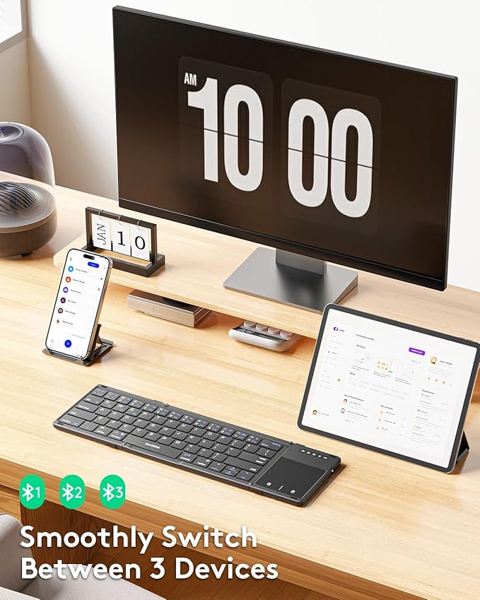 Samsers Foldable Bluetooth Keyboard with Touchpad, Full-Size Wireless Folding Keyboards with PU Leather, Support 3 Devices (BT5.1 x 3), Portable Travel Keyboard for iOS Android Windows Mac OS, Black