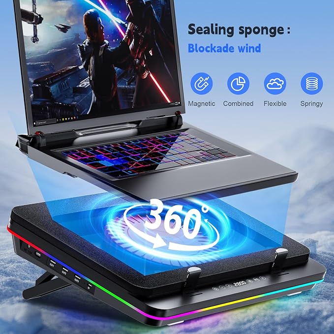 GT600 RGB Laptop Cooling Pad Equipped with Gigantic Turbo-Fan（5.5inch Diameter）,Sealed Foam for Rapid Cooling Gaming Laptop,14.1-19.3 inch Laptop Cooler with 3-Port USB Hub,Dust Filter