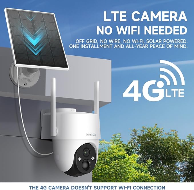 ARENTI 4G LTE Cellular Security Camera 2K, Solar Powered Live Feed Camera Outdoor Wireless for Home Security, Color Night Vision, 360° PTZ No WiFi Needed, PIR Sensor 2 Way Talk (Includes SIM Card)