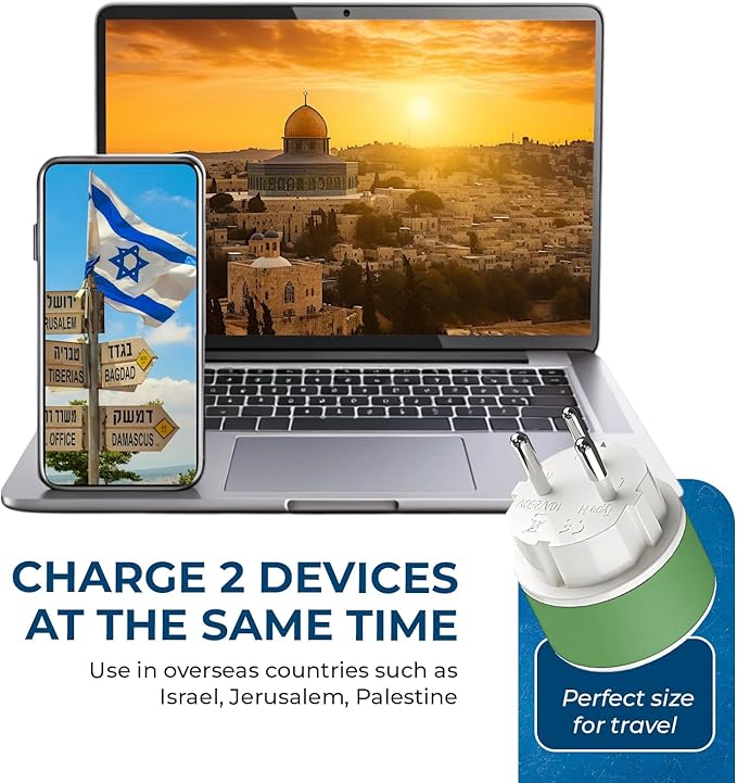 OREI Israel, Palestine Power Plug Adapter with 2 USA Inputs - Travel 3 Pack - Type H (US-14) Safe Grounded Use with Cell Phones, Laptop, Camera Chargers, CPAP, and More
