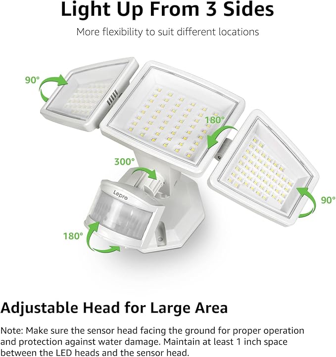 Lepro LED Security Lights, Outdoor Motion Sensor Light, Flood Lights with 3 Adjustable Heads, 270° Wide Lighting Angle, 27W 3200LM Super Bright, IP65 Waterproof for Yard Porch Garage, White