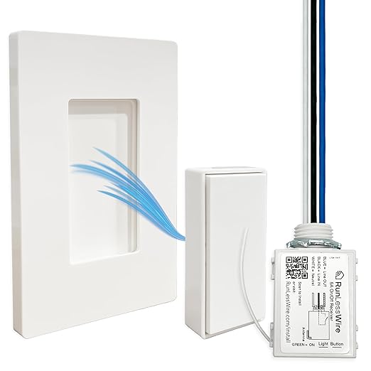 RunLessWire Single Pole Detachable Battery-Free Wireless Light Switch Kit 150ft RF Range for DIY Home Electrical Projects: 1 Removable Magnetic Remote Switch Controls 1 5A On/Off Receiver - White
