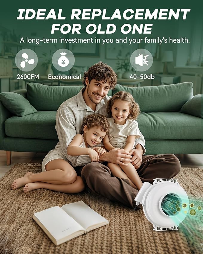 Radon Fan 335CFM Radon Mitigation System 6" Electric Inline Duct Waterproof Radon Mitigation Fan for Outdoor Use Weather Resistance