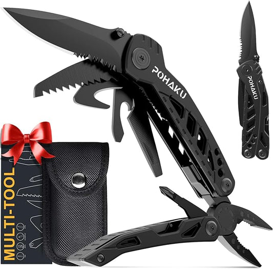 Pohaku Multitool Knife, Pohaku 13 in 1 Pocket Multitool, Multi Tool with 3" Large Blade, Safety Locking Design, Spring-Action Plier, Durable Nylon Sheath for Outdoor, Camping, Fishing, Survival,Hiking