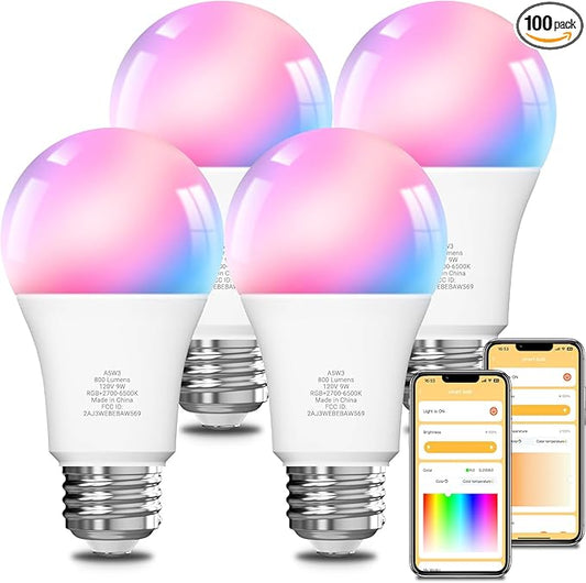 VOLIVO Smart Light Bulbs, Color Changing LED Bulb, Compatible with Alexa and Google Assistant, WiFi & Bluetooth Smart Bulbs, Music Sync, A19, E26,9W,800 Lumens, 4 Pack