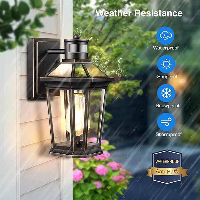 VIANIS Motion Sensor Exterior Light Fixture, 2 Pack Dusk to Dawn Outdoor Light Wall Mount, Anti-Rust Aluminum Outside House Lights, Farmhouse Coach Lantern for Porch, Entryway, Garage, Front Door