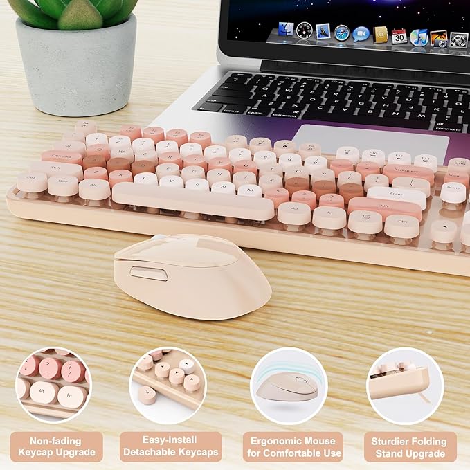 Wireless Keyboard and Mouse, Full-Size Typewriter Keyboard with Retro Round Keycaps, Ergonomic Design, Compatible with Windows PCs, Ideal for Home and Office. (Milk Tea)