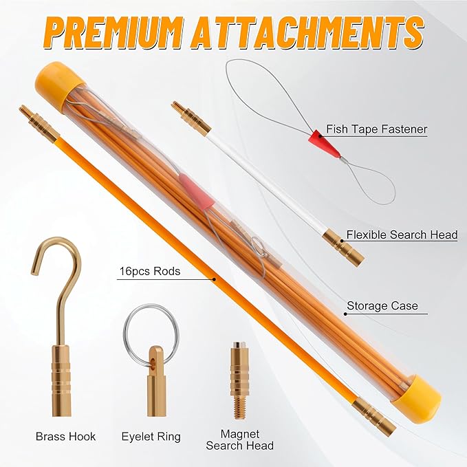 KOOTANS 22FT Fiberglass Electrical Wire Running Kit Wire Fishing Tools Fish Tape Wire Puller Through Wall Cable Snake Fish Rods Kit with Different Attachments