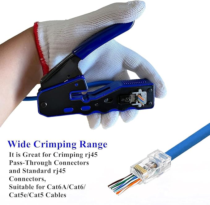 RJ45 Crimping Tool Kit - Pass Through Crimper Cutter Stripper for Cat5 Connectors, with 50PCS Pass Through Cat6 Connectors, 30PCS Covers