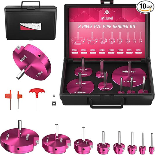 8 Pcs PVC Pipe Reamer Kit With 1/2 inch, 3/4 inch, 1 inch, 1-1/4inch, 1-1/2inch, 2inch, 3inch, 4inch, 2 Carbide Inserts, Aluminum PVC Fitting Saver, Plumbing tools for SCH40
