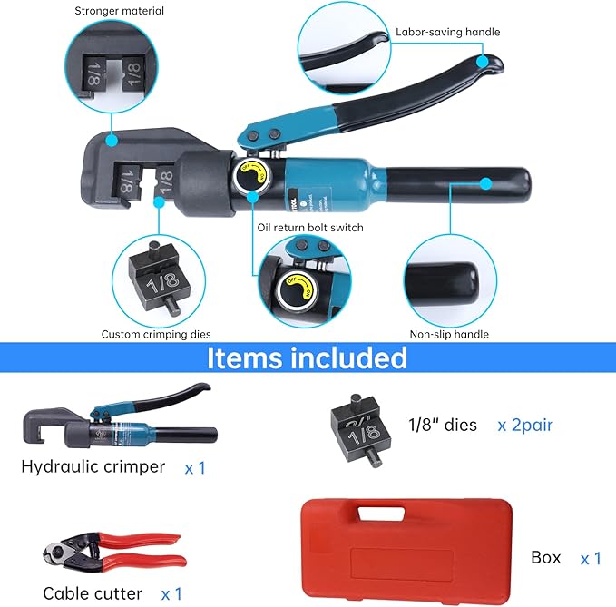 Muzata Custom Cable Railing Crimping Tool Hydraulic Crimper Hydraulic Crimping Tool for 1/8" Stainless Steel Cable Railing Kit Wire Rope Swaging Kit with Wire Cutter and Spare Dies CR09 CK12