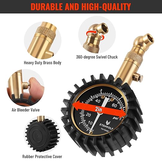ETENWOLF Tire Pressure Gauge for Cars 0-75 PSI, Air Pressure Gauge with Large Glow Dial, Calibrated to ANSI B40.1 Grade A(Plus-Minus 1%), Tire Gauge for Tire Pressure Car Accessories (Vivid Orange)