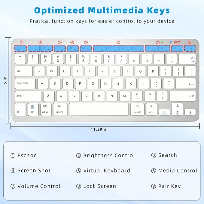 Bluetooth Keyboard, Ultra-Slim Wireless Keyboard for iPad, Rechargeable Ergonomic Computer Keyboard for iOS, Android, Windows PC Tablets Phone, White Silver
