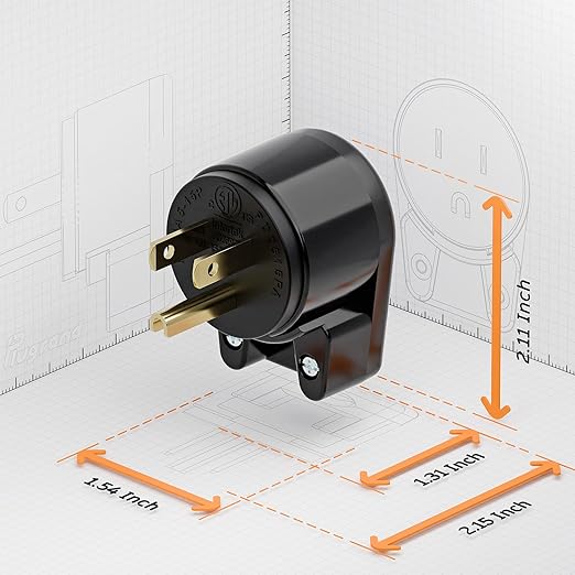 ETL Verified Nema 5-15P 90 Degree Right Angle Plug - 15A, 125V, Black, USA 3-Prong Right Angle AC Plug