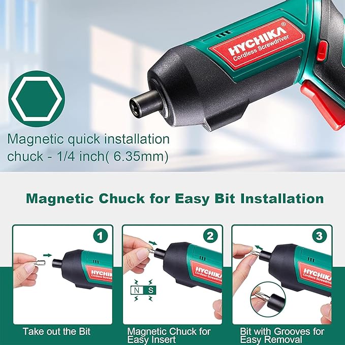 HYCHIKA Electric Screwdriver, 6N.m and 2000mAh 3.6V Cordless Screwdriver with 20 Accessories, Work Light, Charging Cable and Magnetic Chuck