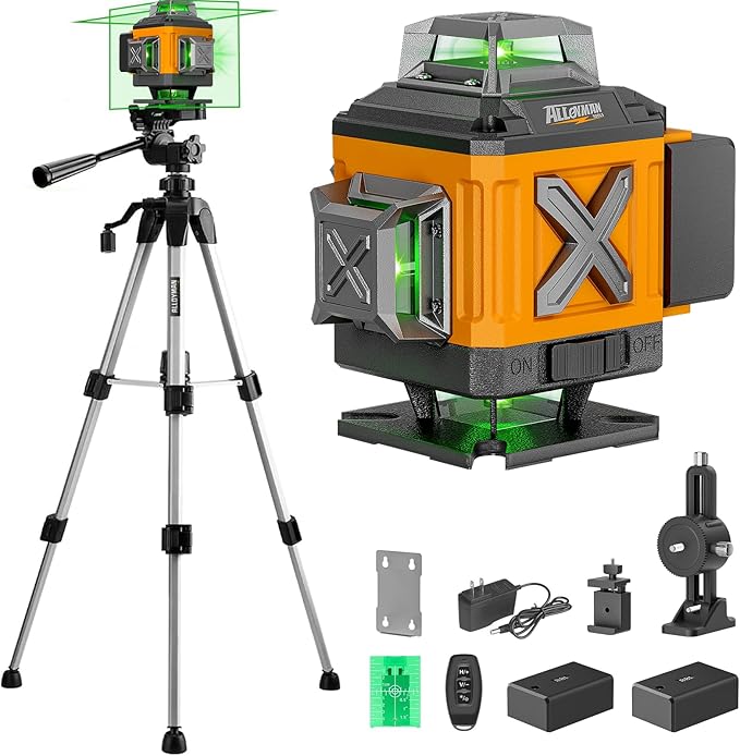 Alloyman Laser Level 4 X 360°Self Leveling with Tripod, 16 Line Lazer Level, 4D Vertical & Horizontal Line, Green Laser Leveler Tool for Construction, Picture Hanging, Floor Tile, Ceiling Installation