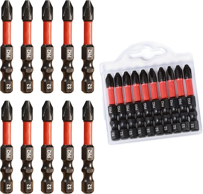 Impact #2 Phillips Screwdriver Bit Set, 10 Pieces 2” S2 Steel Magnetic PH2 Tips Driver Power Bit Set with Organizer Case
