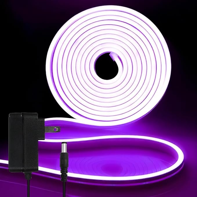 iNextStation Purple Led Strip Lights, 16.4Ft/5m Neon Led Light Strip with Power Adapter, 12V Waterproof Silicone Flex LED Rope Lights for Bedroom Wall Festival Party Neon Sign DIY Decor
