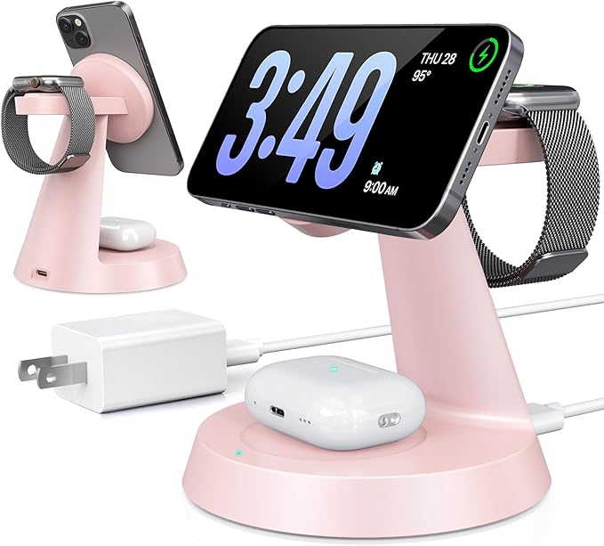 3 in 1 Wireless Charging Station for Apple Mag-Safe 15W Fast Charger Stand for Multiple Apple Devices Magnetic Charger for iPhone 16/15/14/13/12 Series, AirPods, iWatch Series(Pink)