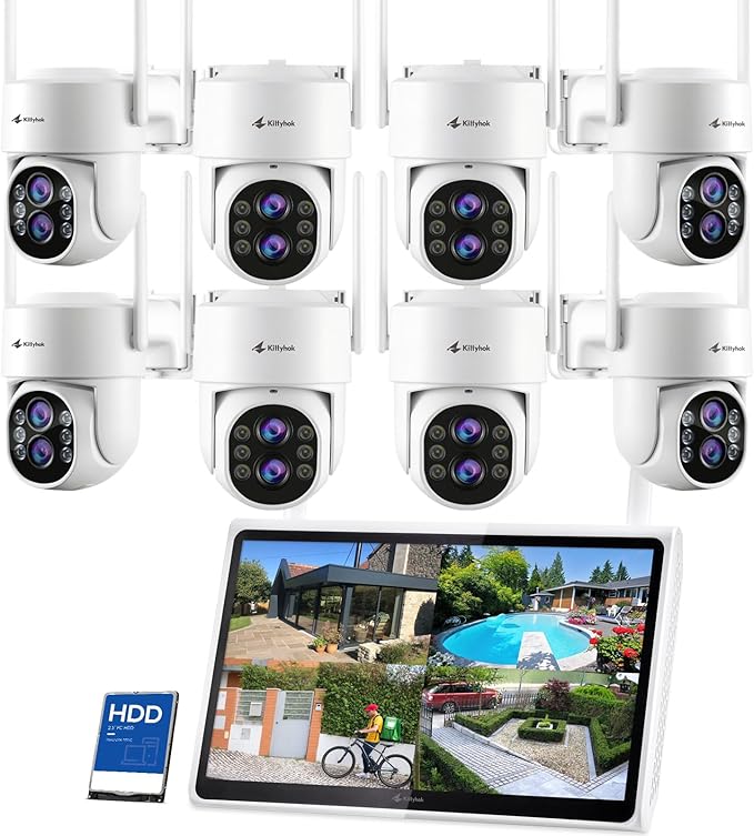 Kittyhok Wireless Security Camera System Outdoor with Monitor, 8pcs 2K Dual Lens PTZ Security Cameras, 10x Mixed Zoom, Auto Tracking, Human Detection, Spotlight | 10CH NVR with 10" Monitor, 500GB HDD