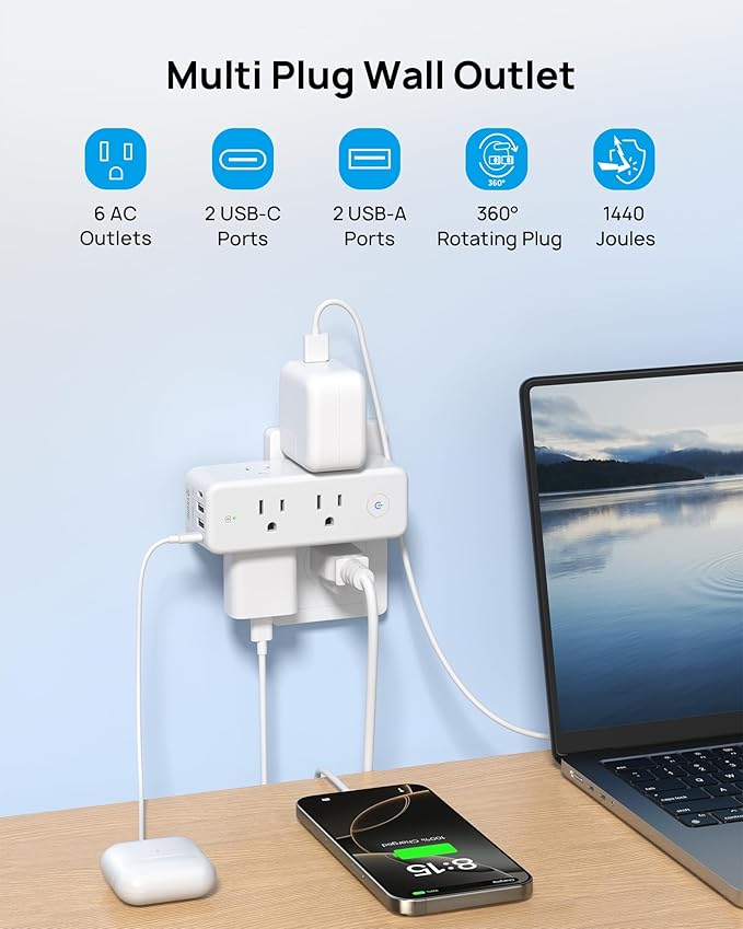 TROND Outlet Extender Surge Protector, 6 AC Outlet Splitter with Rotating Plug 360, Multi Plug Adapter with PD 20W USB C, 1440J, 2 USB-A & 2 USB-C, 3 Way Wall Extension Outlet for Home Office Travel