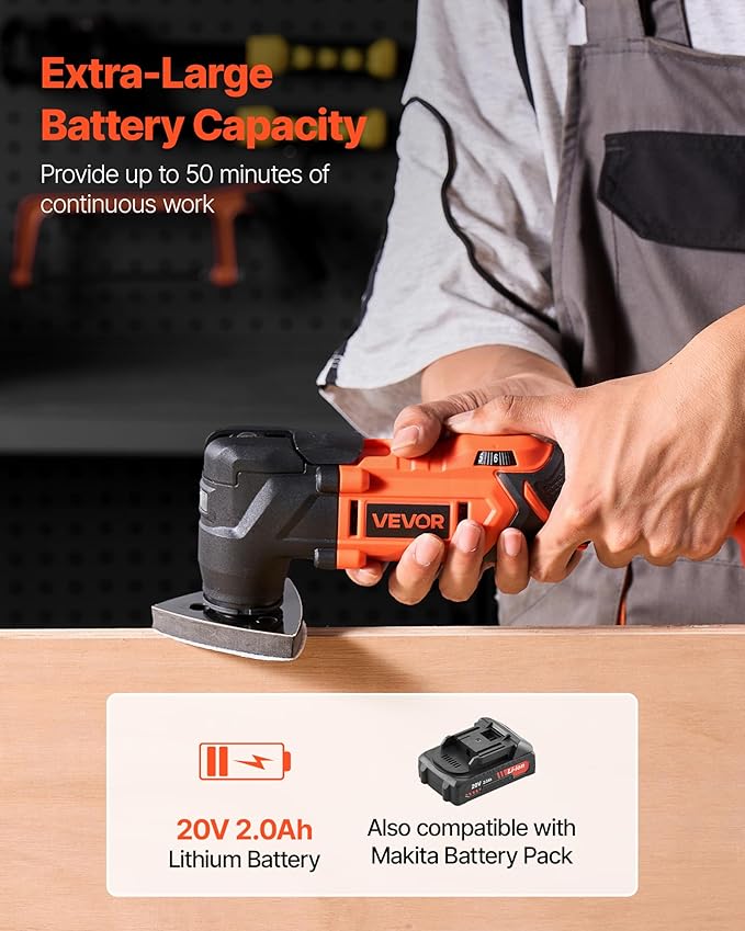 VEVOR Cordless Oscillating Tool, 20V Oscillating Multi Tool Kit with 6 Variable Speeds 8500-17000 OPM, 3.2° Oscillation Angle, 2.0Ah Battery Pack & Charger, 12PCS Saw Accessories & LED Work Light