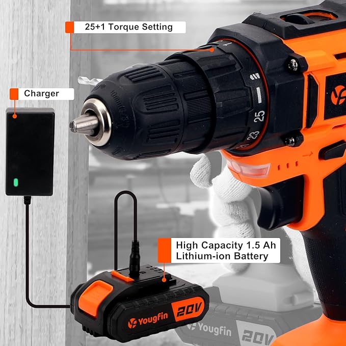 Tool Kit with Drill, Yougfin 20V Cordless Power Drill with 2 Batteries & Charger Drill Sets Combo Kit for Men 114 pcs Household Hand Tools for Home Apartment Dorm Repair