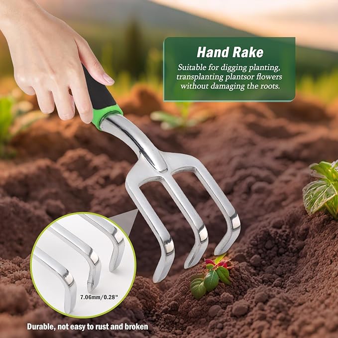 Garden Tools Set, 4 Packs Aluminum Alloy Heavy Duty Gardening Tools with Ergonomic Rubberized Non-Slip Handle, Lawn and Garden Hand Tools Gifts for Men Women (Green)