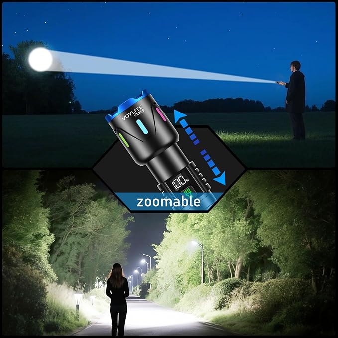 Flashlight High Lumens - 10000 Lumen, Rechargeable 5000mAh with LCD Power Display, IPX7 Waterproof, 3 Modes & Zoomable (1500m), Belt Clip for Camping, Hiking, Emergency