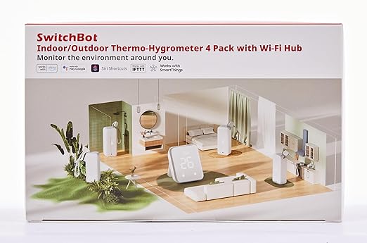 SwitchBot Wi-Fi Humidity Sensor 4 Pack with Hub 2 (Matter Enabled), IP65 Indoor Outdoor Thermometer Wireless, Humidity/Temperature/Dewpoint/VPD Sensor with Smart Alerts, Compatible with Alexa