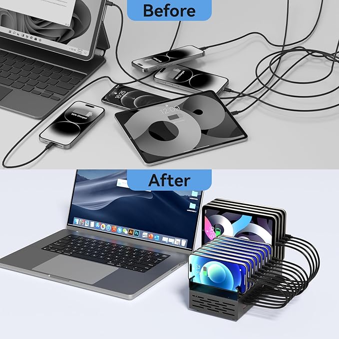 300W Charging Station for Multiple Devices, ALI SEA 24 Port USB C Fast Charging Station, Multi Device Charger Station Organizer Compatible with Cellphone, Tablet, Kindle, iPhone iPad and More