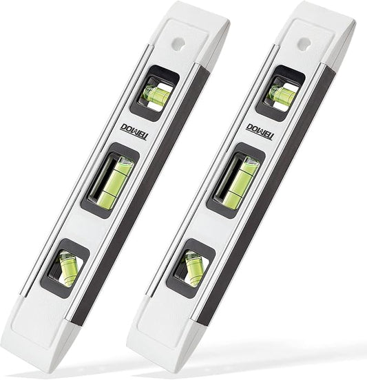 DOWELL Magnetic Torpedo Level Mini Bubble Level Box Spirit Level Alloy Frame 180/90/45 Degree 9-Inch (2, White)