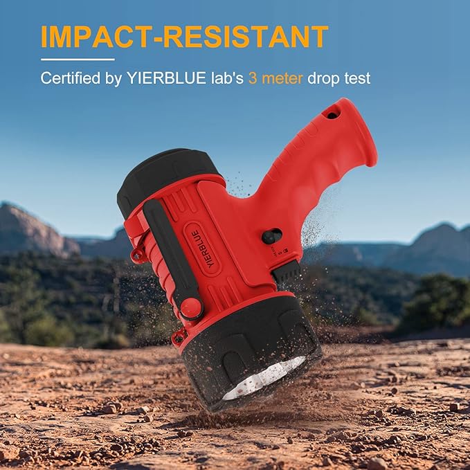 YIERBLUE Rechargeable Spotlight Flashlight with Super High High Lumen LED, IP67 Waterproof Long Running Spot Light searchlight, Impact Resistant Handheld Spotlight with Foldable Stand and Red Lens