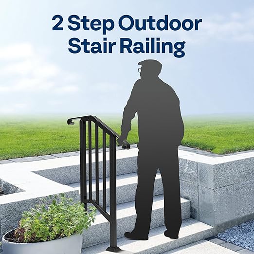 VIVOHOME 2-Pack 2 Step Galvanized Steel Hand Rails for Outdoor Steps – Curved Ends and Safety Balusters Exterior Railing for Porch, Deck, or Indoor Stairs, Complete Installation Kit