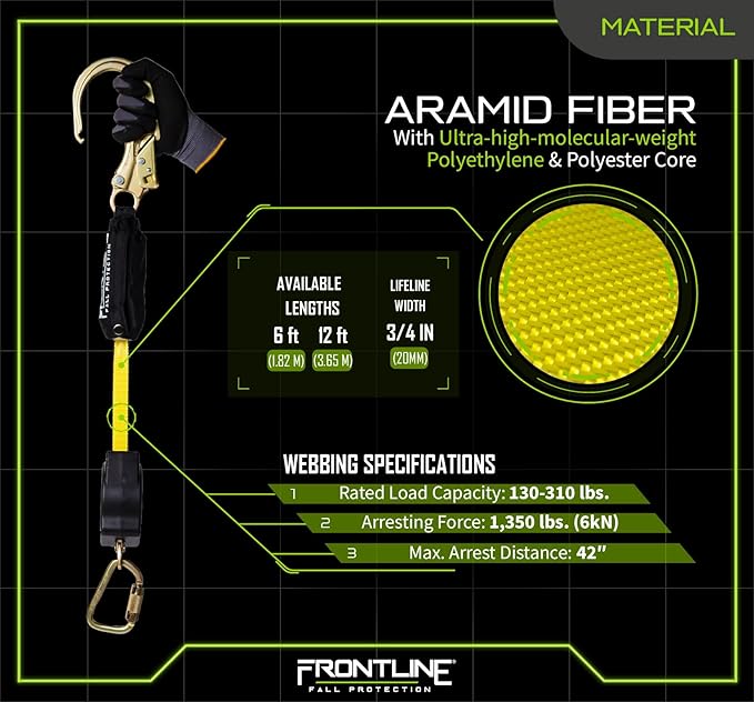 Frontline 6' Aramid Web Twin Leg SRL with Steel Rebar Hooks | 310 lbs Capacity | Lightweight & Durable | Aramid Fiber Webbing Retractable | ANSI & OSHA Compliant | ISO Lab Tested (2 Pack)