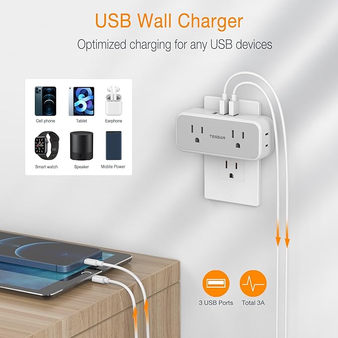 Surge Protector Outlet Extender, TESSAN Multi Plug Outlet Splitter with 4 Electrical Outlets 3 USB Ports, Multiple Plug Mini Wall Expander for Home Bathroom Office Dorm Room Essentials