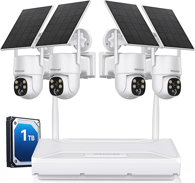 Wireless Security Camera System Outdoor, Aurora Lux Color Night Vison 4 Cam-Kit Solar Powered Security Cameras Wireless Outdoor-1TB 360° View 2.4/5Ghz WiFi No Monthly Fee