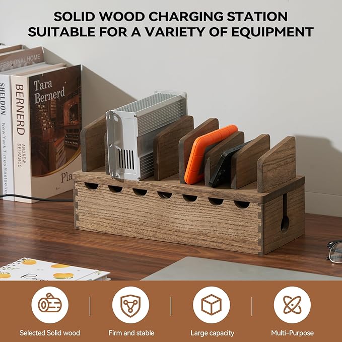 KIRIGEN Charging Station Organizer for Multiple Devices Desktop Organizer Wooden Cable Management with 7 Ports for Cell Phones, Tablets, Earphones GDXH-DBR
