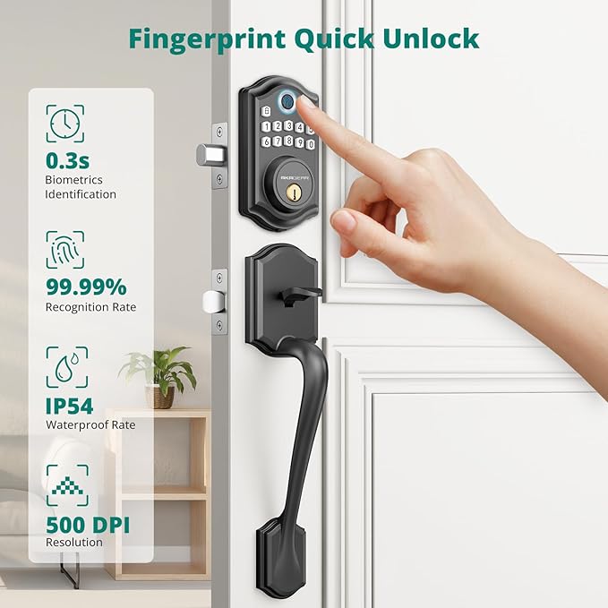 DS10 Keyless Entry Door Locks - Keypad Lock with Handle Set, Fingerprint Deadbolt, Smart Locks for Front Doors, Auto-Lock & One Touch Locking, 2 Keys, Easy Installation
