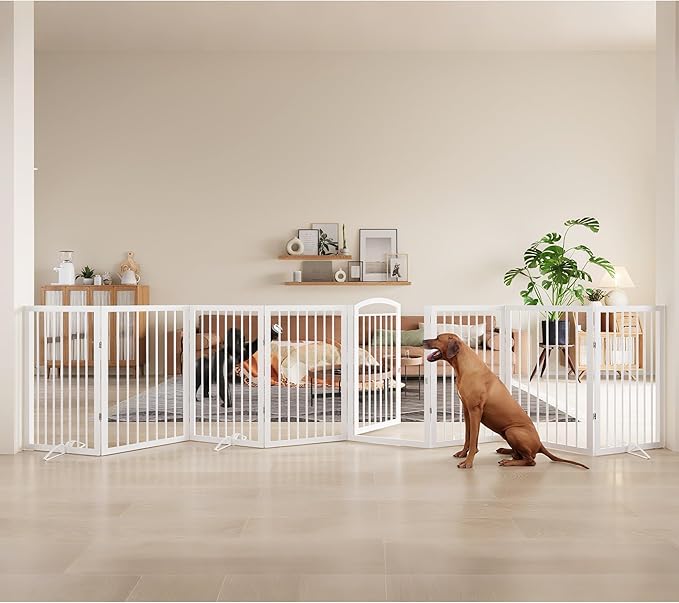 JSB 192-inch Extra Wide 30-inch Tall Dog gate with Door Walk Through,Full Matel Freestanding Round Tube Pet Gate for Halls Stairs, Puppy Safety Dog Fence with 4PCS Support Feet (White)