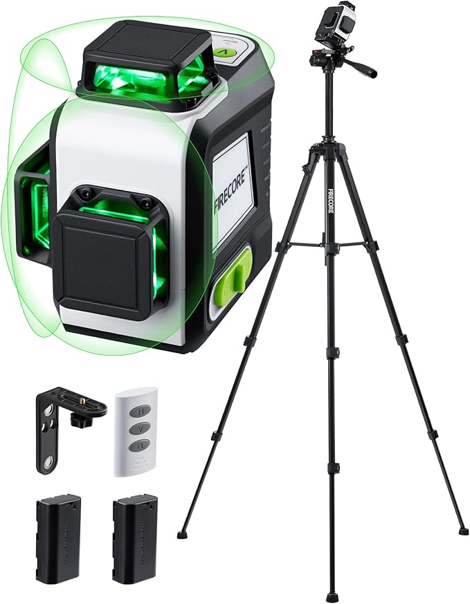 Laser Level 360 Self Leveling with 60" Tripod, Firecore 3 X 360° Rechargeable Green Lazer Leveler Tool for Picture Hanging Wall Tile Construction, 2 Battery Packs and Magnetic Bracket Included