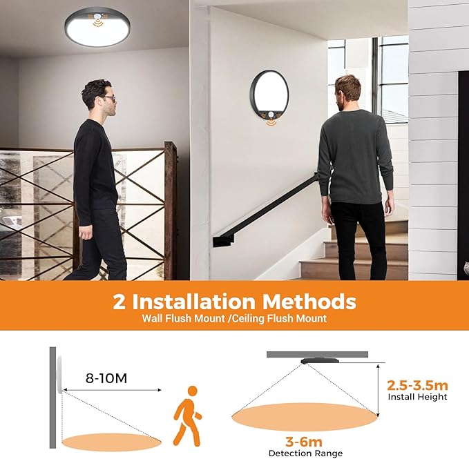 slochi Motion Sensor Light Indoor Wired, 8.7 Inch 3000K/4000K/6500K Closet Lights Motion Sensored, 18W 1800LM Flush Mount Ceiling Light for Hallway Pantry Stairwell Porch, Black