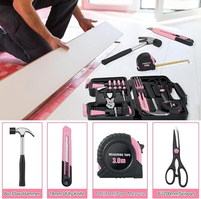 58 Piece Household Tool Set, General Household Hand Tool Kit with Plastic Toolbox Storage Case, All Purpose Household Tool Kit for Women, Girls and Ladies, Pink