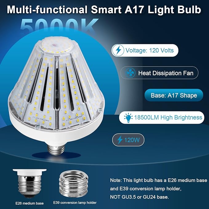 120W LED Bulb (18,500LM) 1200W Equivalent- E39/E26 Base Military-Grade Aluminum, Cooling Fan, ETL/UL Certified, 5000K Daylight, Garage Warehouse High Bay Lighting, Not Dimmable
