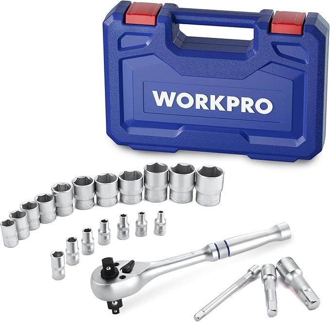 WORKPRO 22-Piece Socket Set with 3-in-1 Ratchet Handle, 1/4, 3/8, 1/2 Inch Drive Socket Wrench, CR-V Metric Socket Set, Extension Bars, Storage Box Included, Mechanics Tool Sets for Auto Repairing