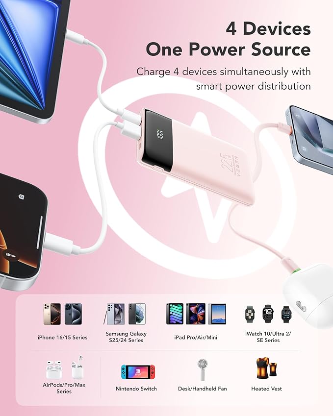 VEGER 10000mAh Portable Charger with 2 Built-in Cables, PD 22.5W Fast Charging USB C Power Bank, 4 Outputs 3 Inputs Slim Battery Pack Compatible with iPhone, Samsung, iPad, Android - Travel Essential