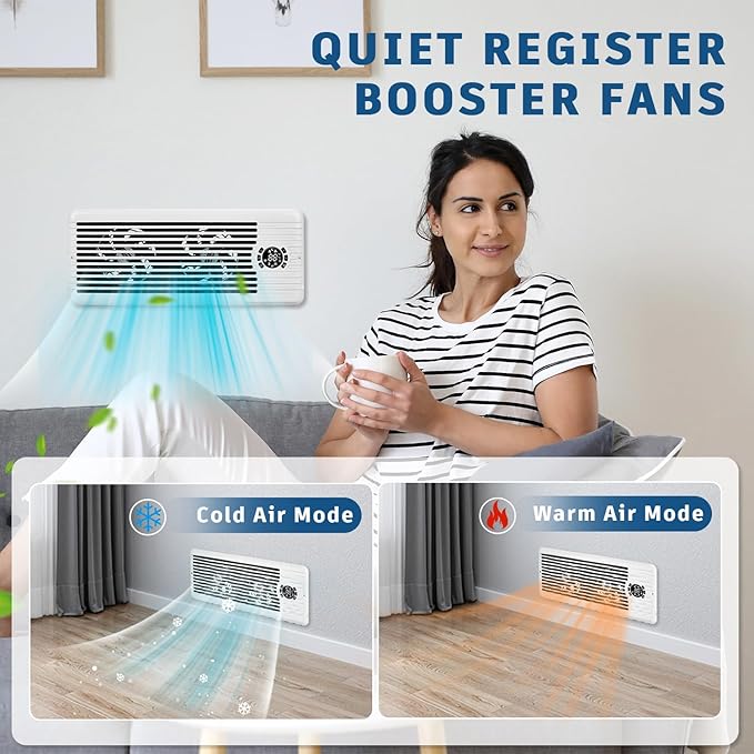 Register Booster Fan for 4" x 12" Register Holes, Smart AC Vent Booster Fans Improves Heating & Cooling with Remote and Thermostat Control,10-Speed Quiet Vents Fan for Floor Ceiling