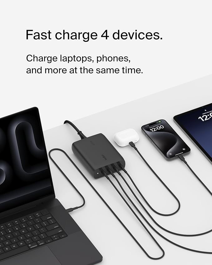 Belkin 4-Port USB C Charger Block, 200W GaN Multi-Port Charger USB-C PD 3.1 Fast Charge + 5ft Power Cord - MacBook, iPhone 16, iPad, Galaxy S25, Google Pixel, Nintendo Switch 2 - Black
