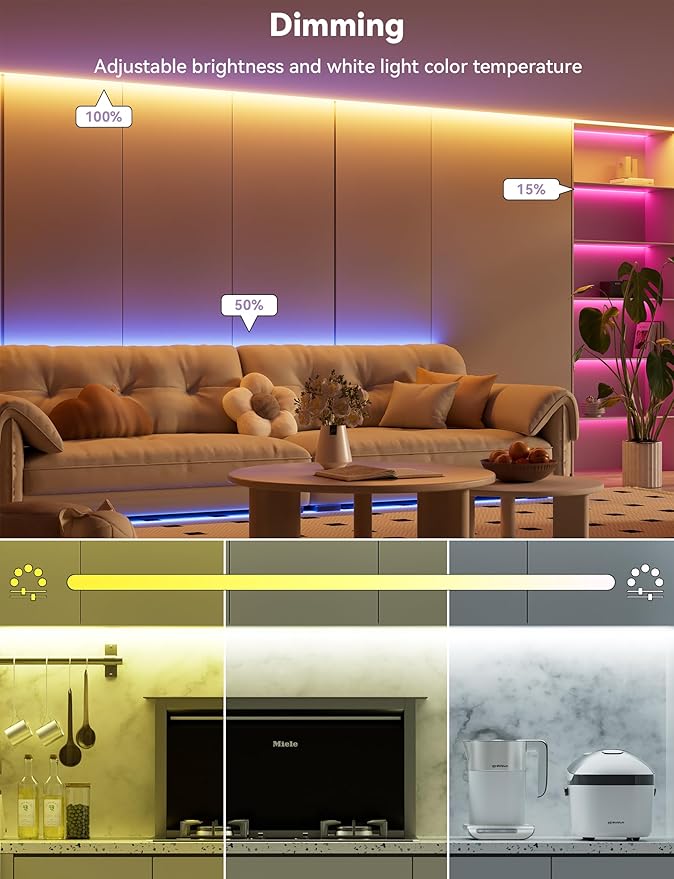 MIWISE 5V USB RGB COB LED Strip Light,9.84ft/3m Tape Lights,RF & App Control,Music Sync,Ultra Bright Color Changing Lighting,UL-Listed,Cuttable & Flexible for Bedroom,Kitchen,Desk,Party,Home Decor