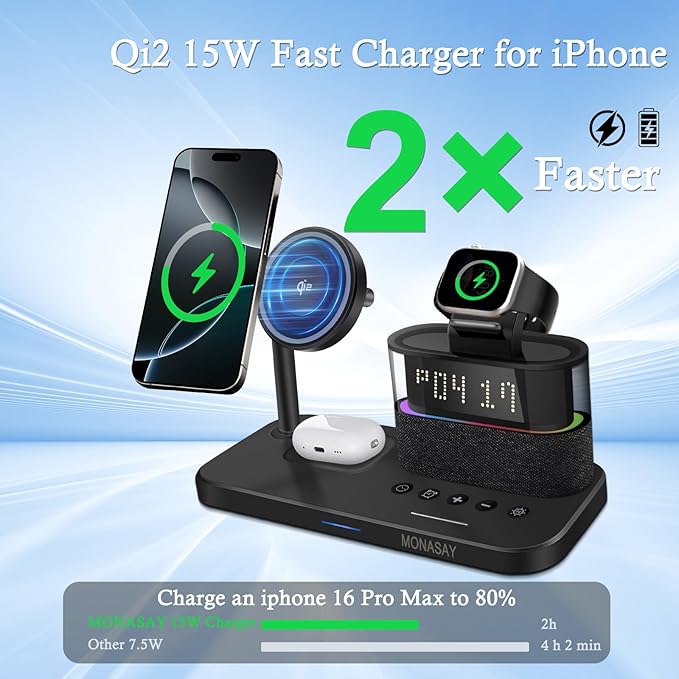 MONASAY Qi2 5 in 1 Wireless Charging Station, 23W Wireless Charger with Alarm Clock for Multiple Devices, Magnetic Charger Stand for iPhone 16/15/14/13/12 Series and AirPods, Apple Watch Series, Black